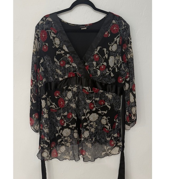 Vintage Tamara H. Floral Chiffon Wrap Blouse Black Red Plus Size 2X 20315-S0623 - Picture 2 of 8